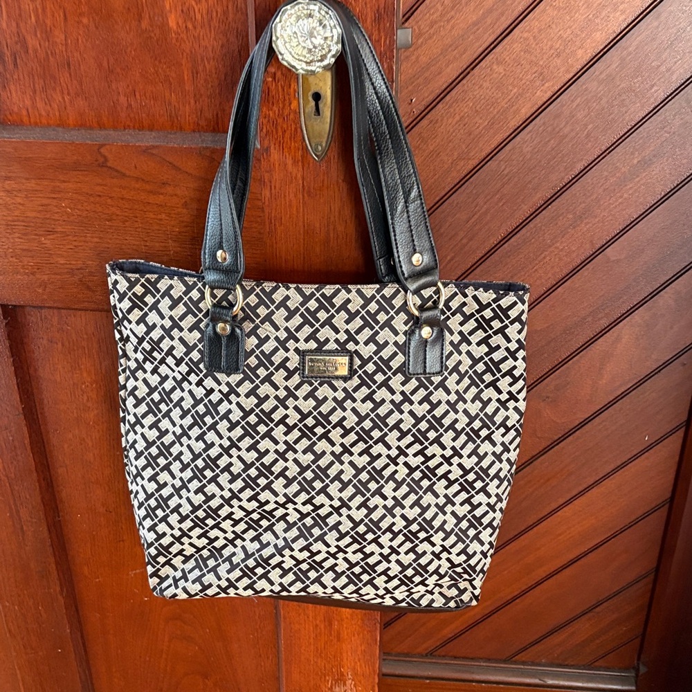 Tommy Hilfiger Black and Cream Patterned Tote
